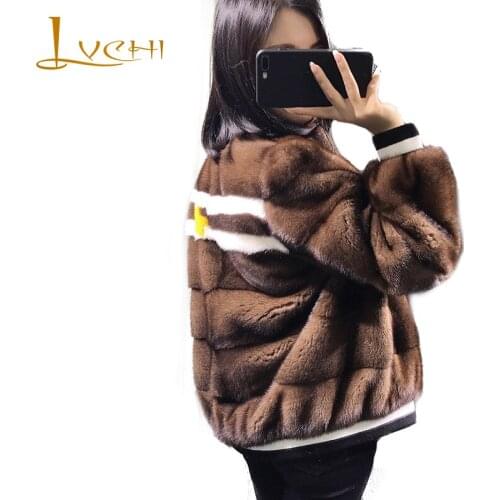 LVCHI Winter2017 Import Full Pelt Mink Fur Coat Womens V-Neck Full Sleeve Fur Coat Loss Short Slim Striped Print Mink Fur Coats