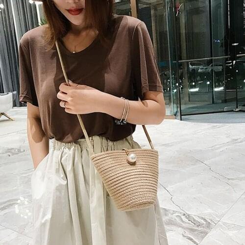Mini Straw Beach Bag Vintage Handmade Woven Shoulder Bag Pearl Hobos Bags Bohemian Summer Vacation Casual Bags Holiday