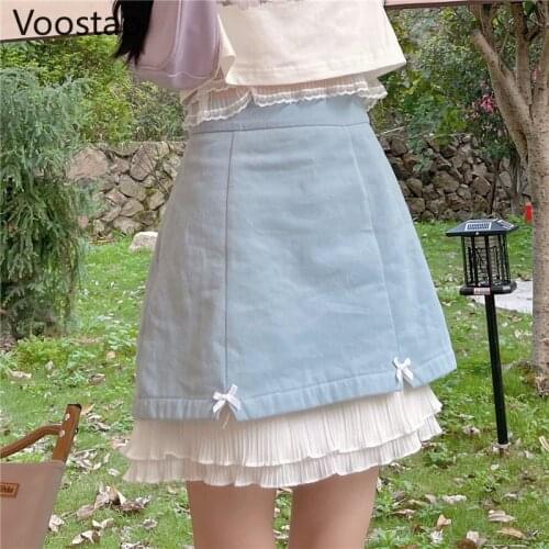 Sweet Lolita Style Mini Skirts Summer Women Cute Bow Lace Pleated Patchwork A-Line Party Skirt Girly Elegant Ruffles Punk Skirts