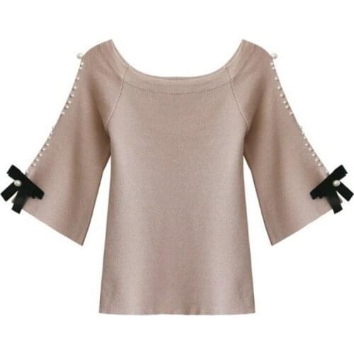 Big Round Collar Knitwear Women Spring 2021 New Korean Version Off-the-shoulder Bottom Shirt Bow Nail Beads To Repair