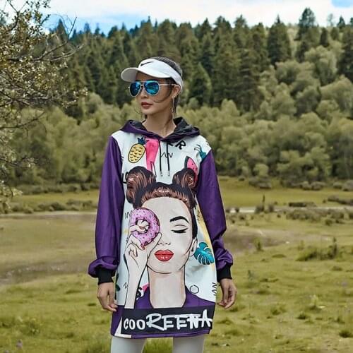 TREND-Setter 2018 Spring New Hip Hop Style Cartoon Sweatshirt Women Hood Graffiti Pattern Velvet Pullover