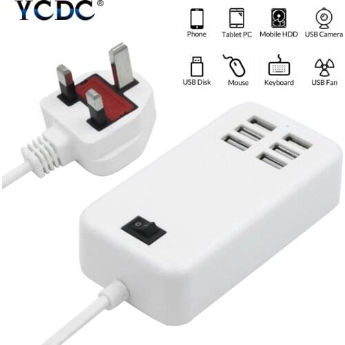 High Current 5V 6A 6-Port USB Charge Socket Blue LED Indicator Socket Hub UK 6 Ports USB Hub Big Current 6A Travel Charger