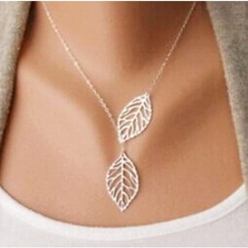 Ahmed Jewelry 2017 New Gold And Sliver Two Leaf Pendants Necklace Chain multi layer statement necklaces Woman Gift SALE 50