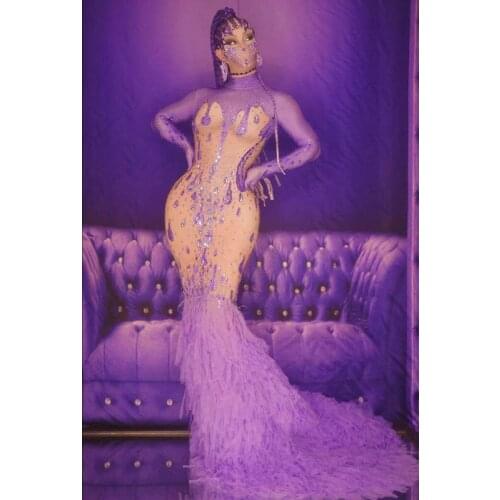 Women Evening Party Birthday Prom Floor Length Dresses Purple Rhinestones Voile Tailing Stage Costume Singer Host Stage Clothes