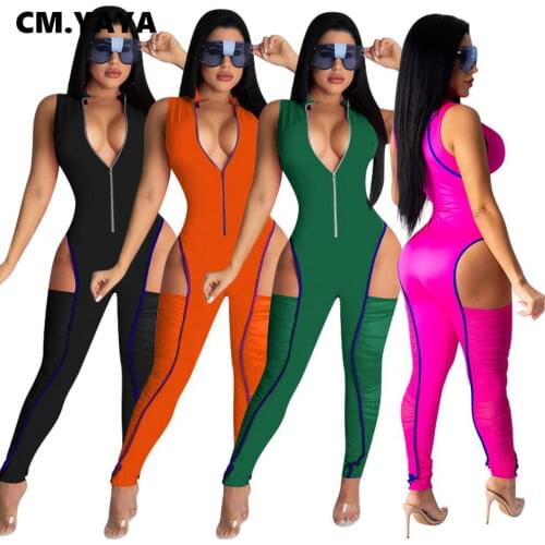 CM.YAYA Cut Out Ruched Patchwork Jumpsuit for Women Active Sleeveless Sexy Bodycon One Piece Overall Romper Outfit Playsuit