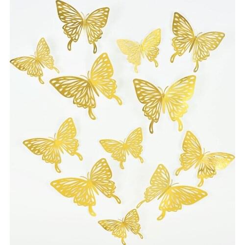 12/24pc New Gold And Silver Rose Gold Hollow Butterfly Wall Stickers For Home Decor Living Room Bedroom Wall Decoration Supplies
