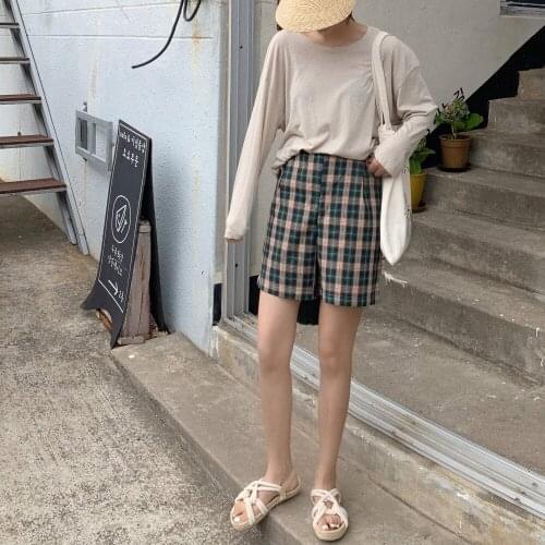 2021 Short Pants Loose Trousers Casual Shorts Women Summer Vintage Plaid High Waist Straight