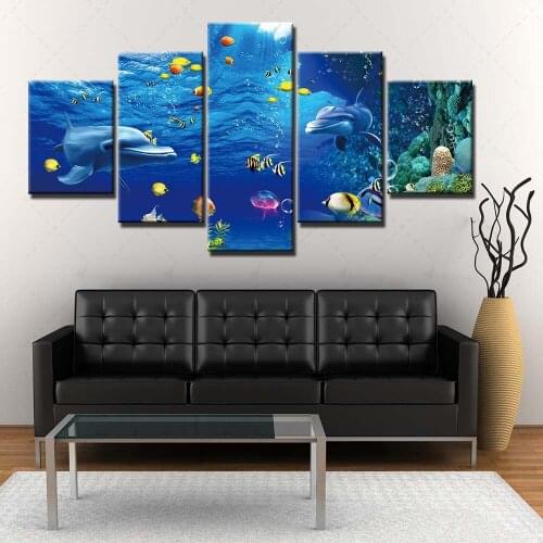 Wall Art Canvas Prints Dolphin Painting Home Animal Decor Jellyfish Pictures Modern Modular Frame Hallway Room 5 Pieces Poster