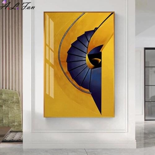 Abstract yellow stairs entrance posters and prints modern canvas painting pictures for living room hallway fashion nordic wall