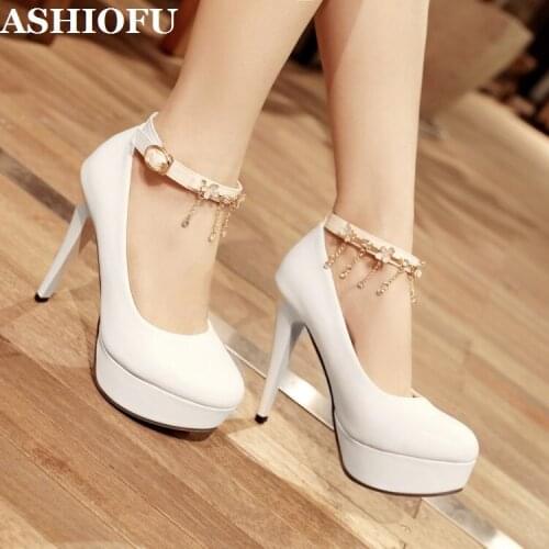 ASHIOFU 2020 New Hot Handmade Womens High Heels Platform Pumps Ankle Strap Chains Party Dress Shoes Evening Fashion Court Shoes
