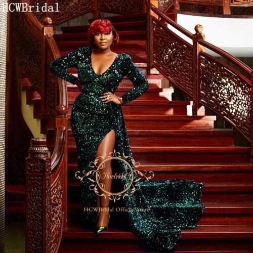 Sparkly Sequins Green Long Prom Dresses 2021 High Slit Straight Long Sleeves Black Girls Prom Party Gowns With Crystals