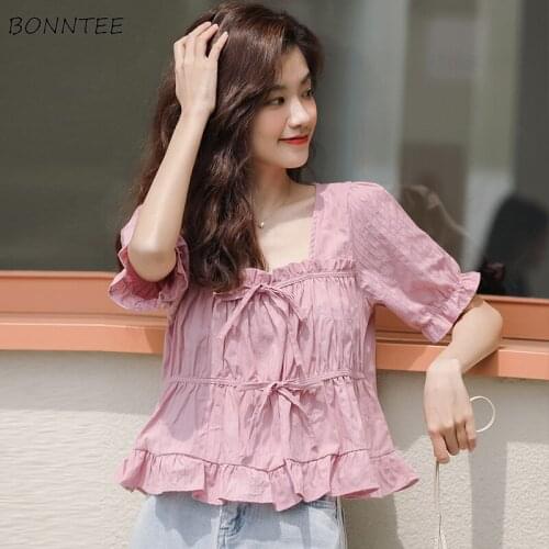 Blouses Women Lovely Holiday Loose Cropped Design Ladies Tops Lace-up Preppy Simple Summer Basic Ulzzang Girls Clothing Blusas