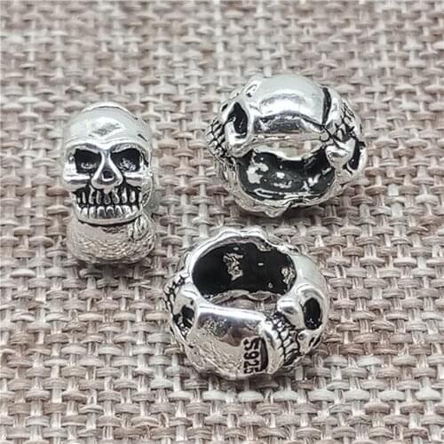 925 Sterling Silver Punk Skeleton Skull Beads 3-Sided Large Hole 6mm for Bracelet Necklace