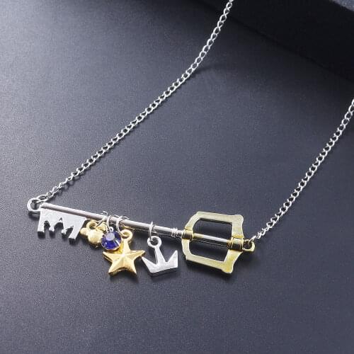 Kingdom Hearts Sora Key Keyblade Necklaces Pendants Crown Star Key Blue Crystal Choker Necklace for Women Men Keyring Jewelry