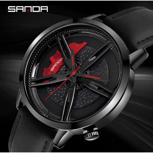 SANDA Top Brand New Mens Watches Fashion Casual Car Wheel Dial Leather Watch for Men Waterproof Quartz Movement wristwatch 1040