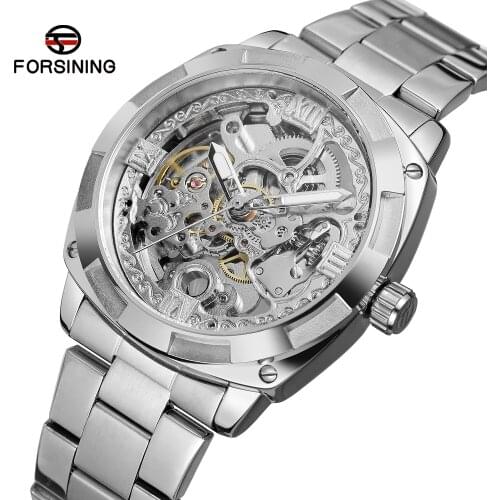 Forsining Retro Classic Royal Design Golden Skeleton Full Stainless Steel Transparent Mens Automatic Mechanical Watch Top Brand
