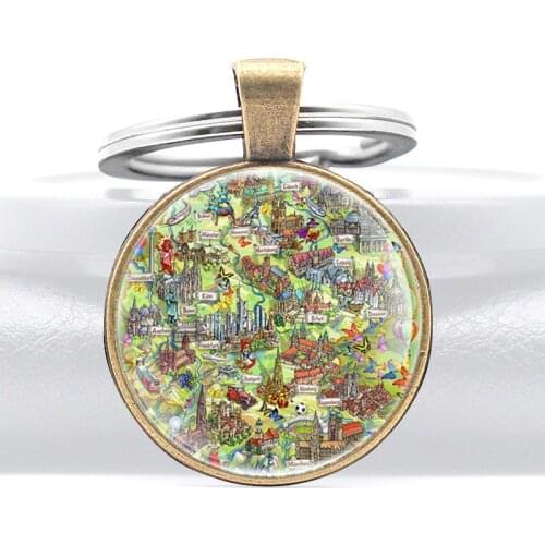 European Town Detailed Map Pattern Black Color Glass Dome Key Chains Men Women Vintage Key Ring Jewelry Gifts