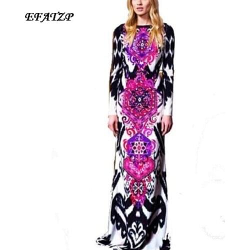 [EFATZP] Womens Autumn New Arrival Luxury Long Sleeves Baroque Print Bodycon Jersey Silk Stretch Maxi long Dress Plus Size XXL