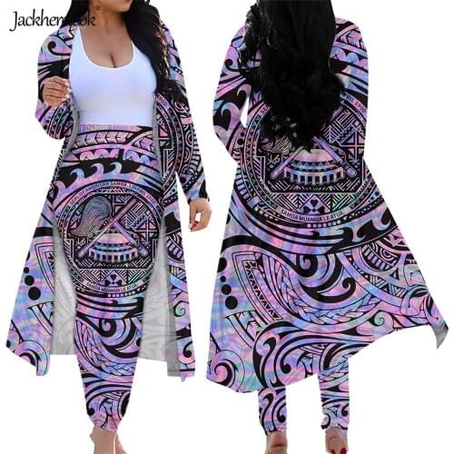 Jackherelook Samoa Tribal Polynesain Tattoo Design Plus Size Open Front Cardigan 2 Piece Outfits Maori Style High Waisted Pants