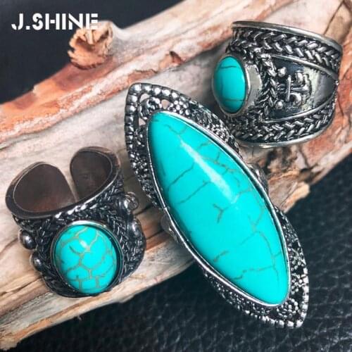 JShine Vintage Retro Tibetan Silver Big Rings for Women with Natural Stone Three-types Bohemian Finger Ring Jewelry