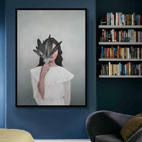 Canvas Painting Flowers Bird Feathers Woman Abstract Wall Art Print Poster Picture Decorative Painting Living Room Decoration