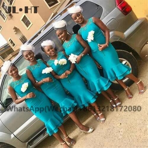 Short Mermaid Bridesmaid Dresses Sleeveless Lace Black Girls Maid of Honor Gowns Tiered Wedding Party Bridesmaid Dress