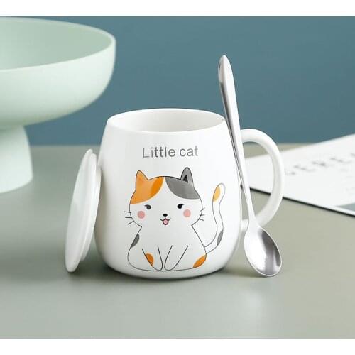 400ml Cute Cartoon Animal Milk Mug Creative Mug with Lid Spoon Breakfast Cup Girls Ceramic Office Water Cups Cat Fox Sheep Puppy