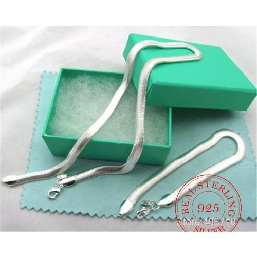 Fashion 6MM Flat Snake Chain Two-Piece Jewelry Set Snake Necklace And Bracelet Set For Women Stamp Silver Plated Jewelry Set