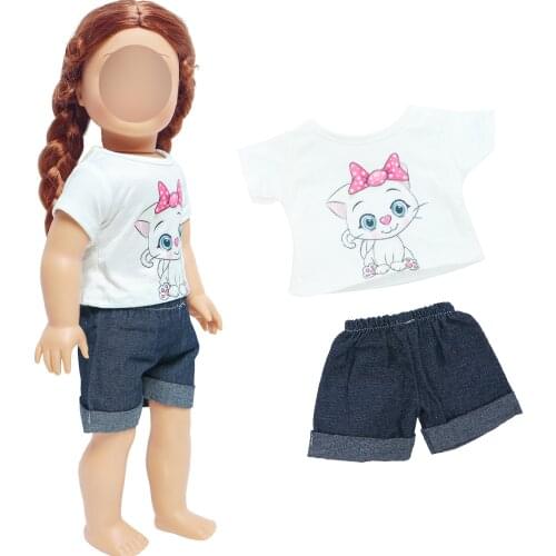 Fashion Doll Outfit Cat Pattern Shirt Short Pants Daily Casual Wear Cute Clothes for 18 Inch Baby Girl DIY Accessoriess Toys