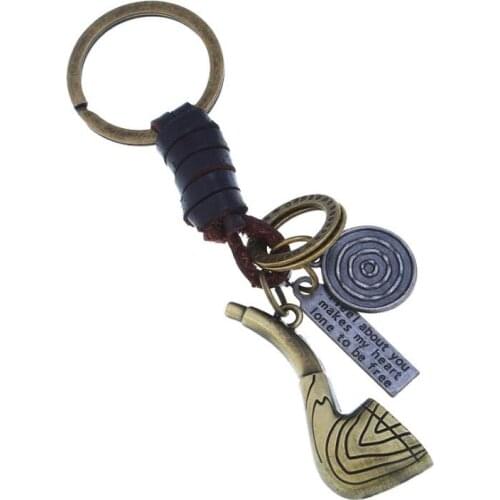 Men Metal Keychain Vintage Smoking Tobacco Pipe Pendant Holder Leather Keyrings for Bag Car Key Chain Retro Fashion Accessories