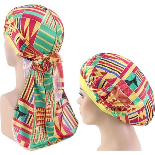 2pcs/set Unisex Durag And Bonnet Set African Pattern Print Silky Du rag Mens Durag Women Head Wrap Hair Cover Night Sleep Cap