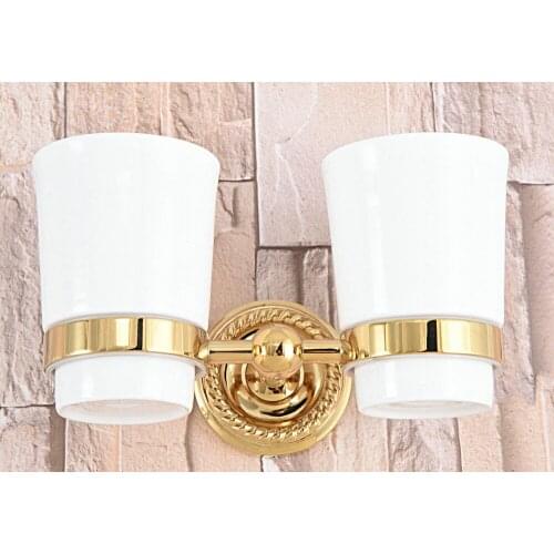 Wall Mounted Luxury Gold Color Brass Bathroom Toothbrush Holder Set Bathroom Accessory Dual Ceramic Cup mba599