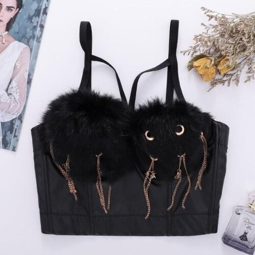 2020 New Women Real Rabbit Fur Camisole Top Chain Tassels High Quality Crop Top Bustier Bra Night Club Party Tank Tops