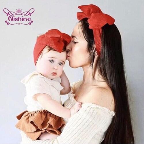 Solid Color Handmade Bowknot Parent-child Hairband Set DIY Elastic Wide Headband Fashion Children Bows Headwear Birthday Gifts