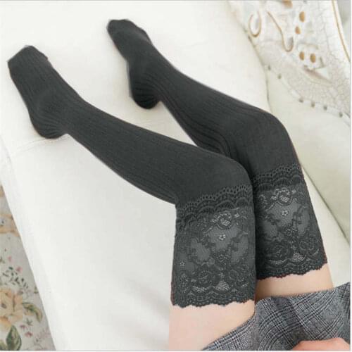 Autumn Winter Soft Warm Solid Color Lace Patchwork Knitted Over Knee Skinny Stockings for women