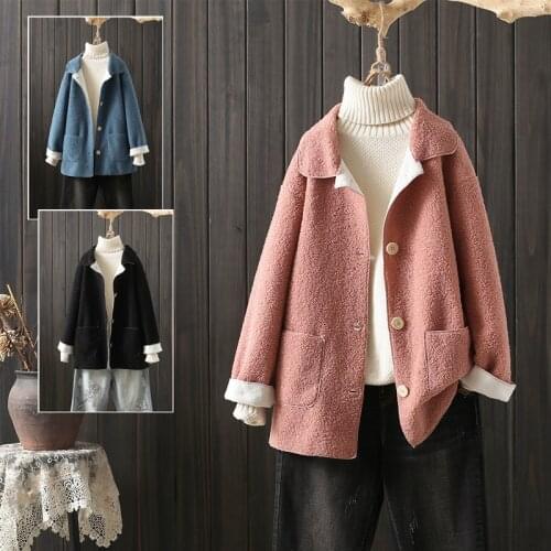 2021 fall/winter women clothing new fashion all-match imitation lamb fur large pockets single-breasted loose thin short coat 72