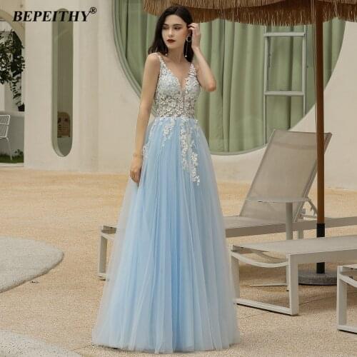 BEPEITHY Sky Blue Long Evening Dresses Woman Party Night White Lace A-Line Sexy V Neck Prom Gown Abendkleider 2020 New Arrival