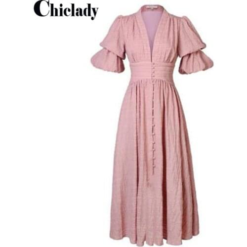 CHICLADY Women Summer Short Bishop Sleeve Dress Deep V Neck Retro Long Dresses Party Vintage Fairy Dress Boho Elegant Slim Ladie