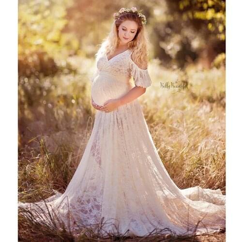 Off White Matenity Gown Photo Shoot Maternity Photography Props Lace Dresses Front Slit Maternity Maxi Dress See Through YEWEN