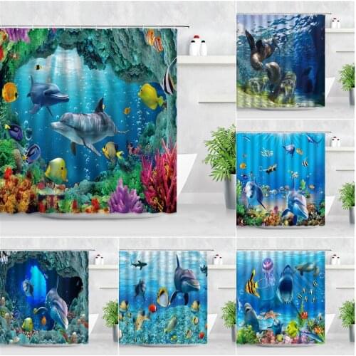 Seabed World Dolphin Shower Curtains Reef Tropical Fish Coral Ocean Plants Natural Scenery Waterproof Bathroom Decor Curtain Set