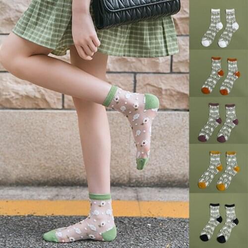 Crystal Transparent Japanese Mesh Fishnet Flowers Socks Women Harajuku Jacquard Socks Floral Print Breathable Sokken Lady