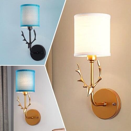 Modern Creative LED Wall Lamp Deer Head Fabric Lampshade Living Room Bedroom Bedside Home Decoration Lamp Background Lighting