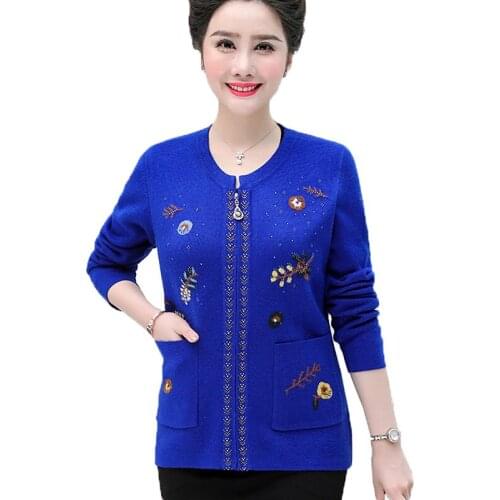 Elderly Women Knit Sweater Cardigan Large Size 6XL Spring Autumn Mother Casual embroidered zipper Wool Sweater Tops R710