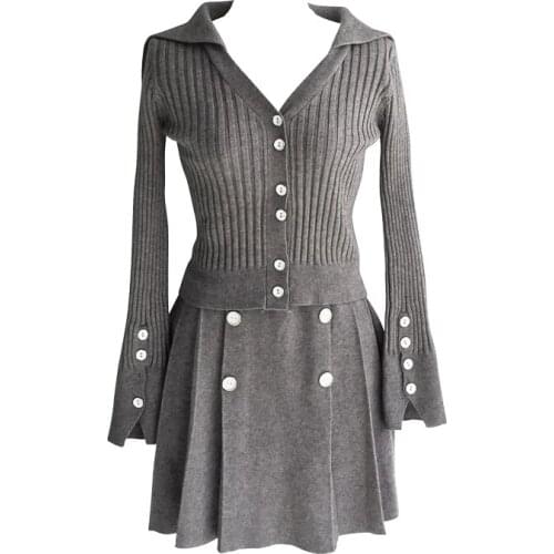 PERHAPS U Women Long Sleeve Top Sailor Collar Mini Short Pleat Skirt Set White Gray Knitted Elastic Waist 2 Two Pieces T0072