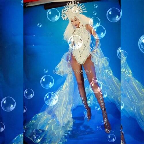 WYY Ballroom Dancer Singer Wears Costumes DS Bodysuit Pearl Outfit Dresses Clothes Party Ocean Theme Cloak Performance Headdress