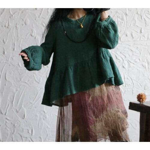YoYiKamomo 2017 women cotton linen shirt Original national wind solid color long sleeve shirt loose big size shirt women