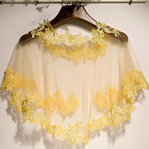 Womens Spring Summer flower embroidery yellow mesh Pashmina Female Summer Sunscreen Mesh Lace Shawl cloak R3483