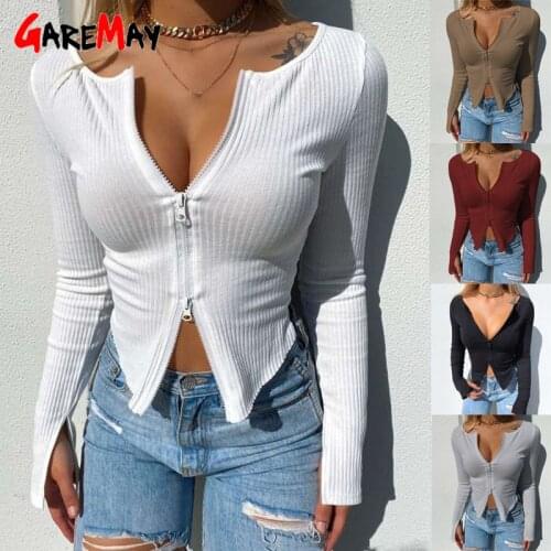 2021 Spring Autumn Clothes Womens T-shirt Knitted Long Sleeve Double Zipper Split Ribbed Slim Fit Sexy Crop Top Female Blouses