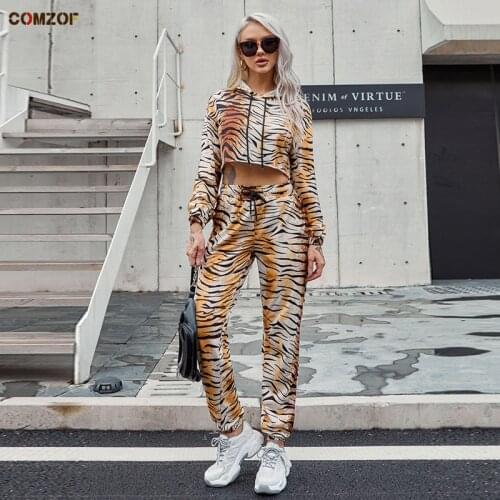 High Quality Women Leopard Crop Top Hoodies+Pants 2020 Autumn Hooded Suits Short Long Sleeve Casual Clothing Chandals Mujer