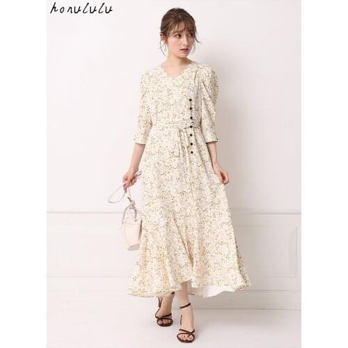 2021 spring new Japanese printed lace-up waist button floral dress women
